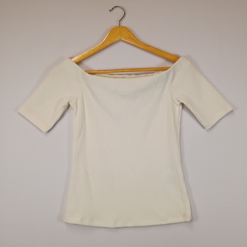 Minimalist H&M Womens Small Off-White Ribbed Off-the-Shoulder Bardot Top